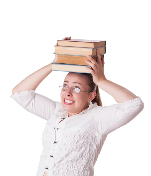 Businesswoman holding books on the head — Stock Photo, Image