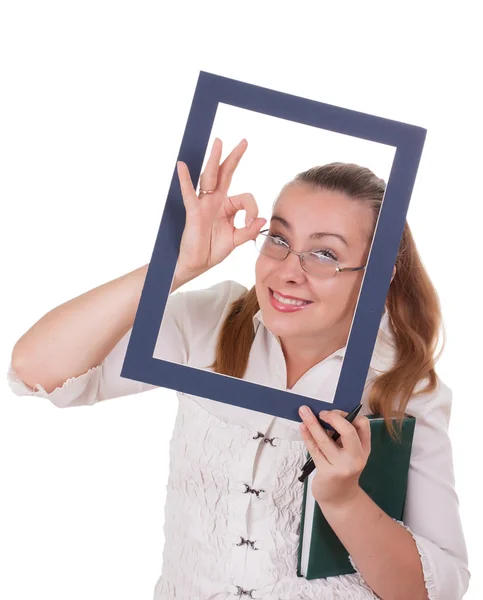 Business lady reveals ok looking out of frame — Stock Photo, Image