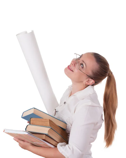 Happy businesswoman lady with books — Stock Photo, Image