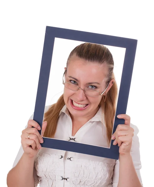 Business lady looks out of the frame — Stock Photo, Image