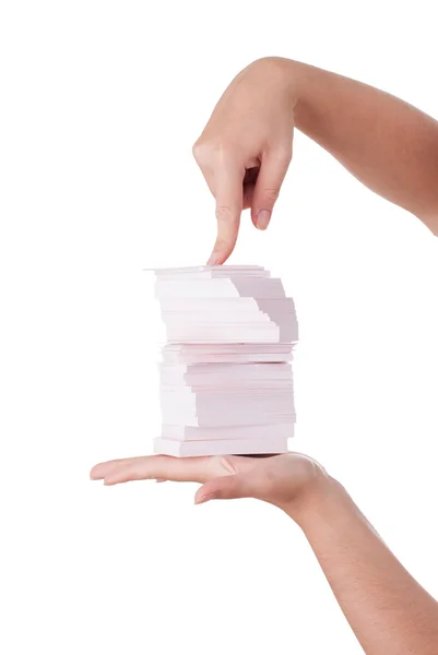 In the hands of a stack of business cards — Stock Photo, Image