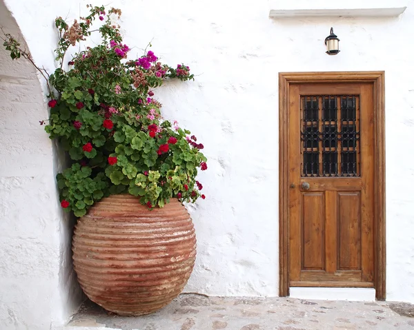 Porta da casa e enorme jarro de flores — Fotografia de Stock