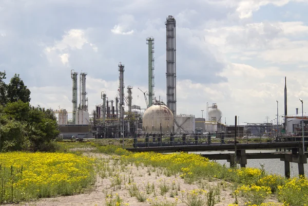 Olje-raffinaderi och våren blommor — Stockfoto