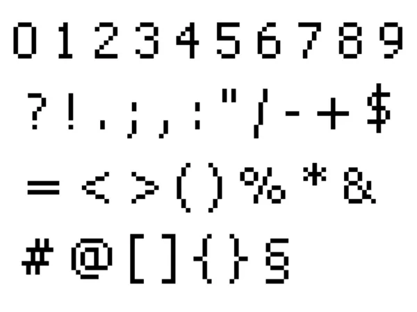 Pixel font - numeri e simboli caratteri — Vettoriale Stock