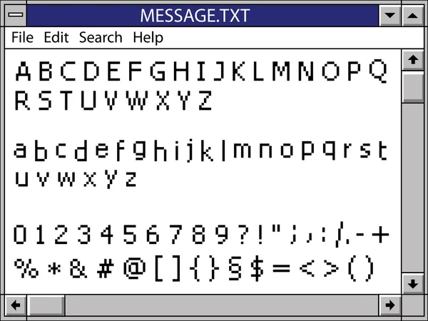 あなたのテキストの完全ピクセル フォント アルファベットを含むノスタルジックなウィンドウ — ストックベクタ