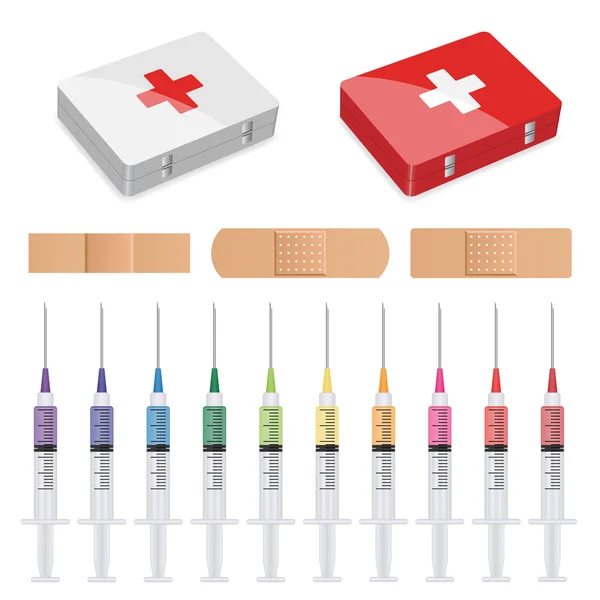 First aid, plasters and syringes — Stock Vector
