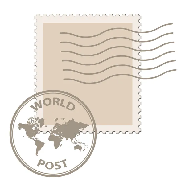 Sello postal en blanco con matasellos de mapa del mundo — Archivo Imágenes Vectoriales
