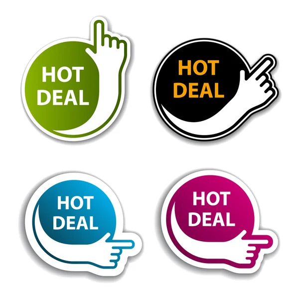 Hand indicating hot deal stickers — Stock Vector