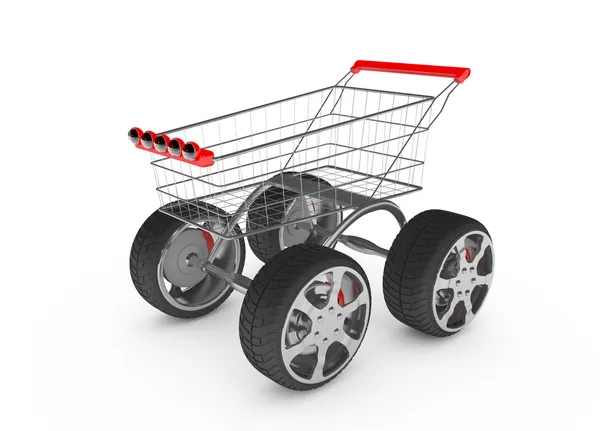 3d shopping cart with big car wheel isolated on white — Stock Photo, Image