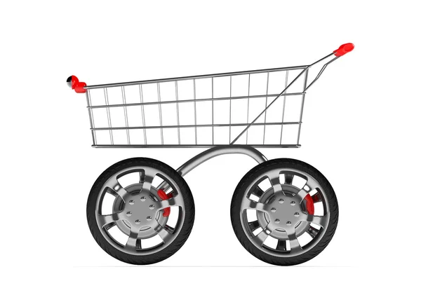 3d shopping cart with big car wheel isolated on white — Stock Photo, Image