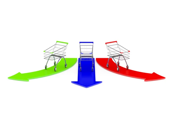 Empty color shopping carts with color arrows — Stock Photo, Image