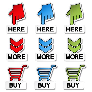 Vector pointer stickers - here, more, buy clipart