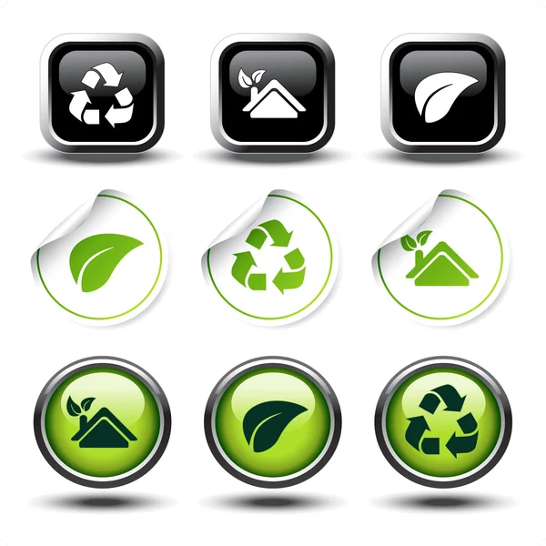 Ensemble vectoriel de boutons et autocollants de recyclage — Image vectorielle
