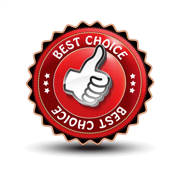 Vector best choice guaranteed label with gesture hand — Stock Vector