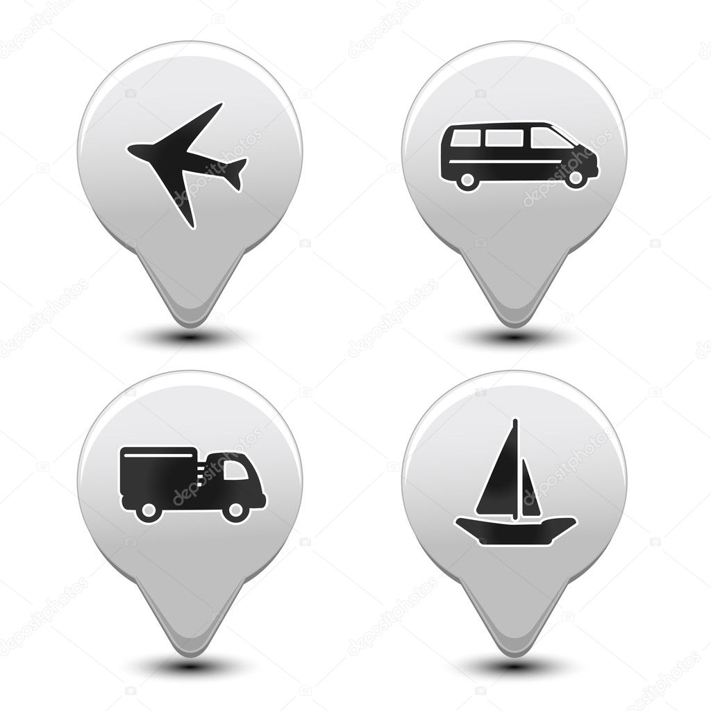 Vector set of transport pointers - car, ship, plane
