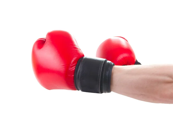 Mão na luva de boxe faz golpe isolado no fundo branco — Fotografia de Stock