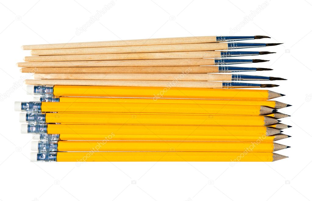 Pencils and brushes isolated on white