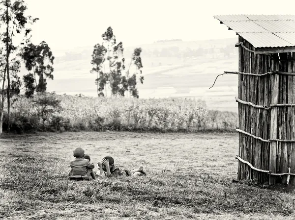 Twee Ethiopische jongens zitten op het gras — Stockfoto