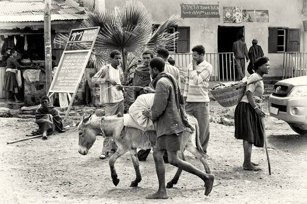 Двое эфиопских мужчин следуют за ослом — стоковое фото