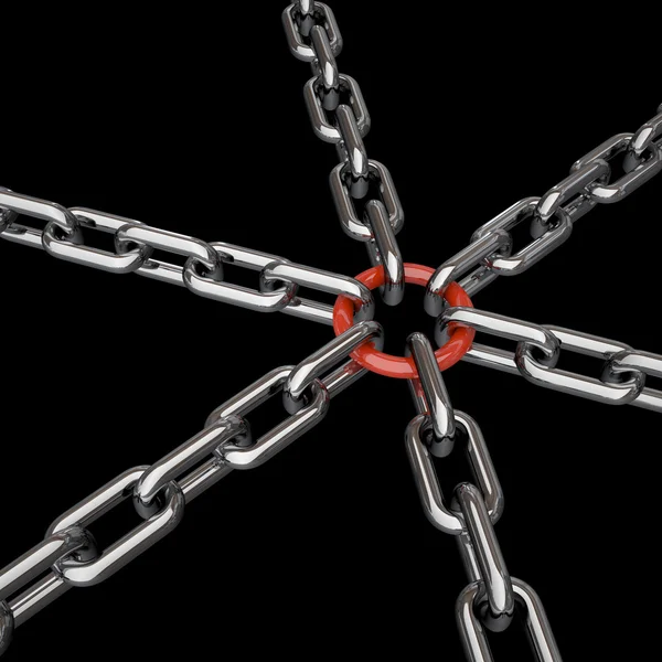 6 chains coupled with a red link — Stock Photo, Image