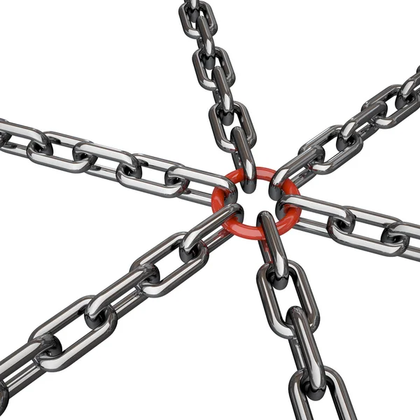 6 cadenas acopladas con un eslabón rojo — Foto de Stock