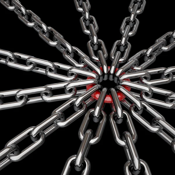 12 cadenas unidas con un eslabón rojo aislado sobre un fondo negro — Foto de Stock