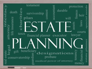 Estate Planning Word Cloud Concept on a Blackboard clipart