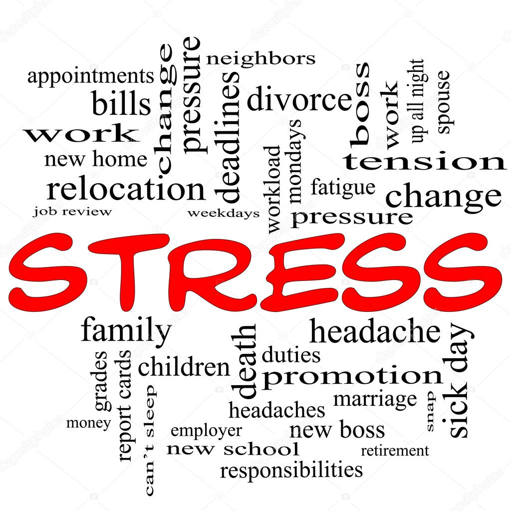Stress word cloud concept in red caps