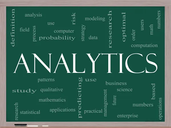 Analytics Word Cloud Concept on a Blackboard — Stock Photo, Image