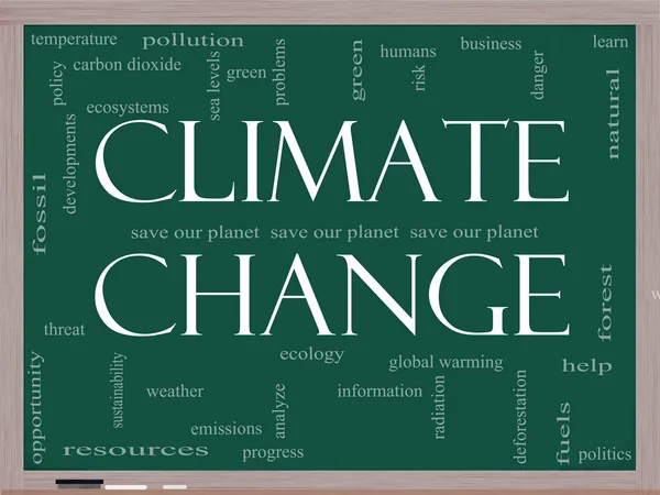 Klimaatverandering woord wolk concept op blackboard — Stockfoto