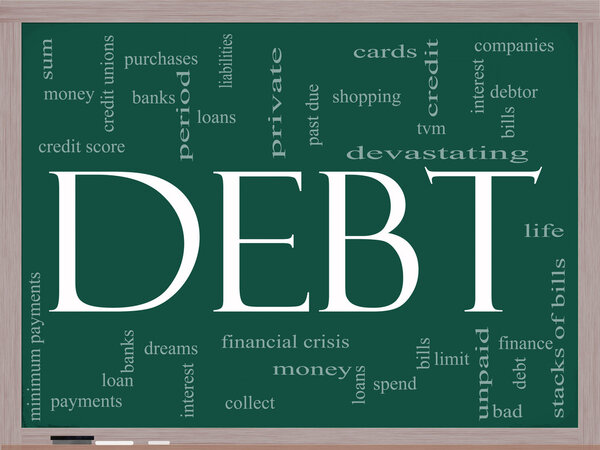 Debt Word Cloud Concept on a Chalkboard