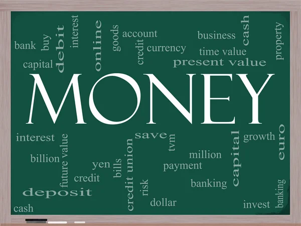 Koncepcja chmura słowa pieniądza na tablicy szkolnej — Zdjęcie stockowe