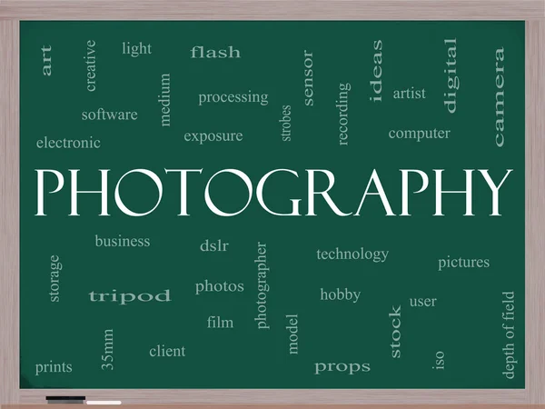 Photography word cloud concept on a blackboard — Stock Photo, Image