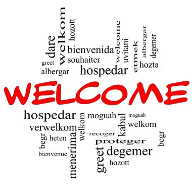 Welcome Foreign Language Word Cloud in Red & Black clipart
