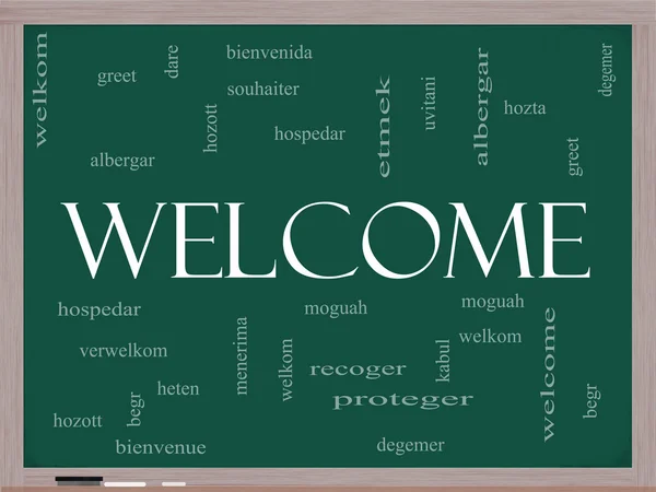 Willkommen Fremdsprache Wortwolke auf Tafel — Stockfoto