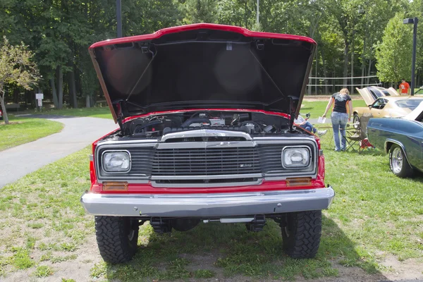 Red 1979 jeep pickup truck motor — Stockfoto