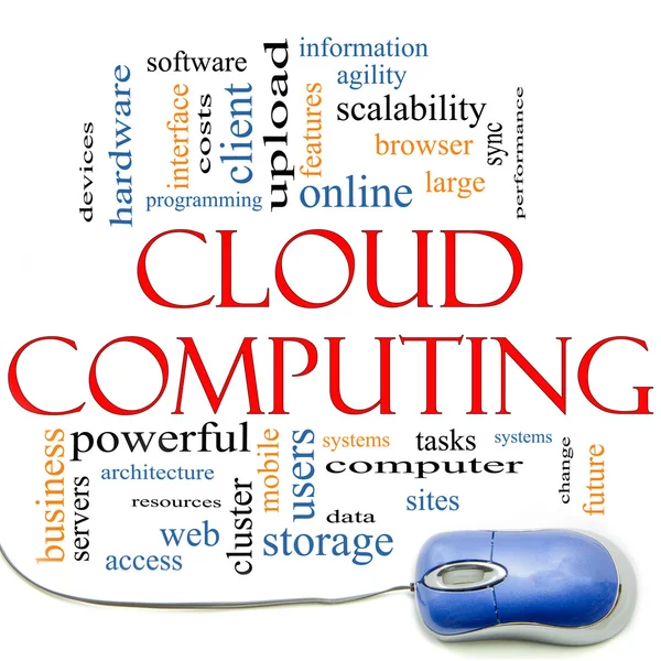 Cloud computing word cloud och mus — Stockfoto