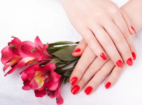 Imagen de cerca de manicura roja con flores — Foto de Stock