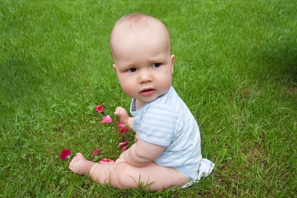 잔디에 귀여운 아기 스톡 이미지