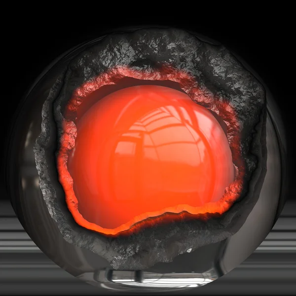 Esfera negra com núcleo de lava fundida — Fotografia de Stock