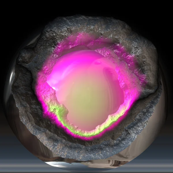 Черная сфера с расплавленным ядром лавы — стоковое фото