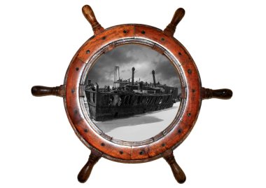 Boat wheel with shipwreck inside clipart