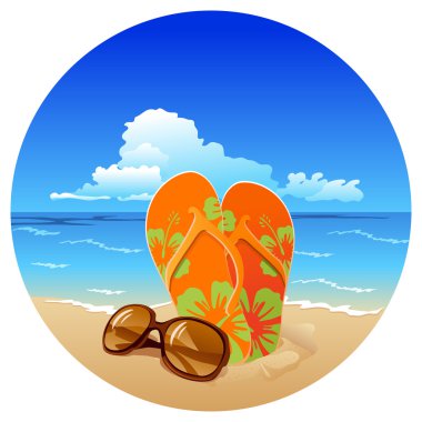 Çift flip flop ve plajda güneş gözlüğü