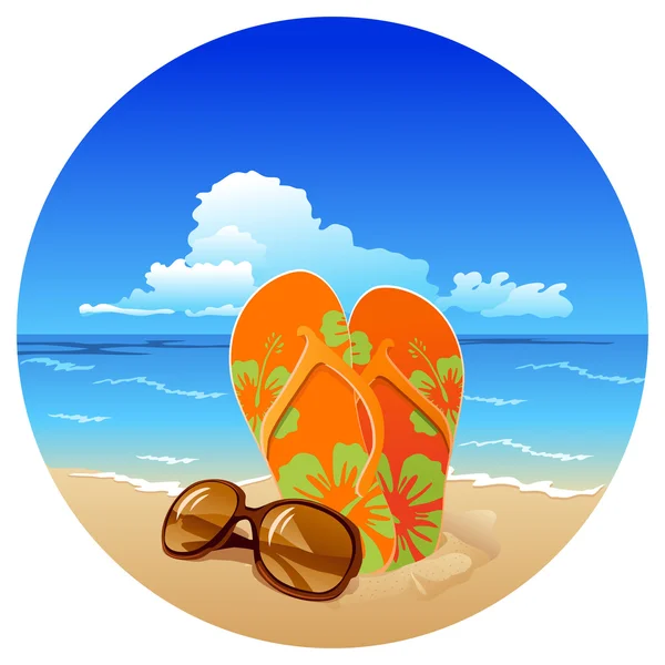Ζευγάρι σαγιονάρες και γυαλιά ηλίου στην παραλία — Διανυσματικό Αρχείο