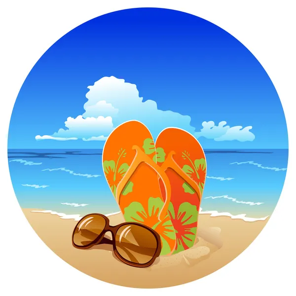 Par de chinelos e óculos de sol na praia — Vetor de Stock