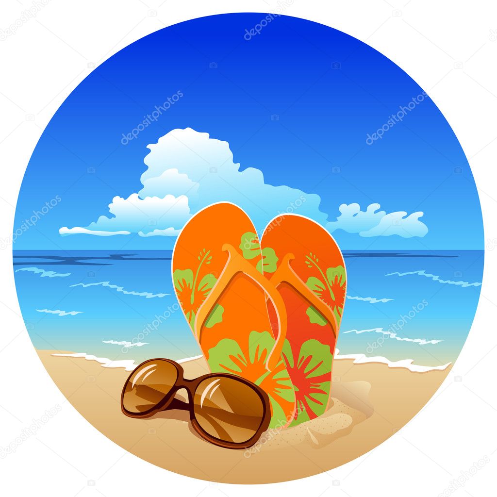 Pair of flip flops and sunglasses on the beach Stock Illustration by ...