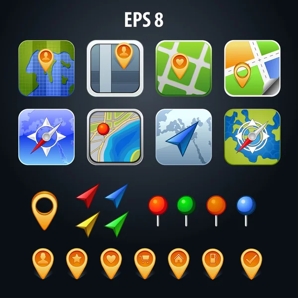 Vector illustration set of icons for apps GPS — Stock Vector