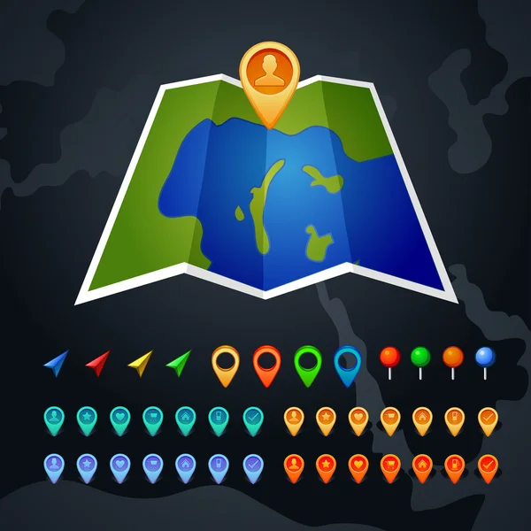 Carte vectorielle avec icône GPS et pin — Image vectorielle
