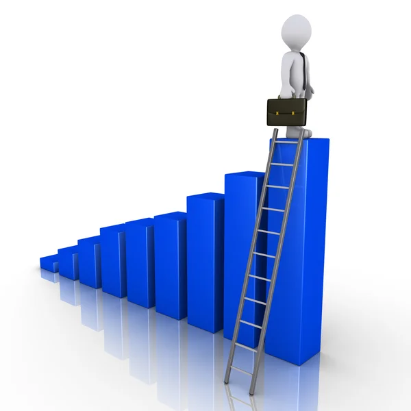 Бизнесмен, стоящий на вершине чарта с лестницей — стоковое фото