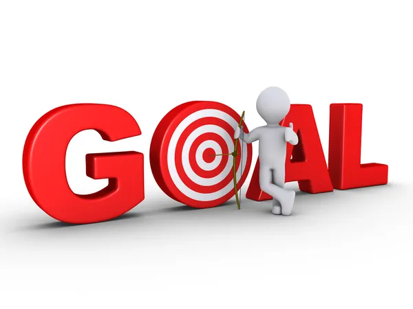 Happy archer showing arrow at center of GOAL - target — Stock Photo, Image